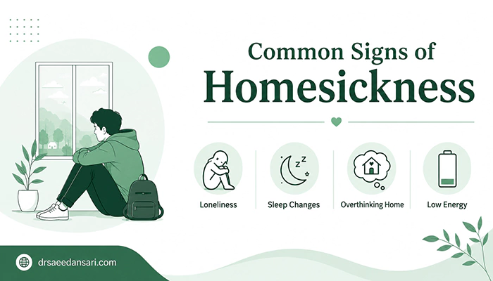 Common signs of homesickness including loneliness, sleep changes, low energy, and thoughts about home