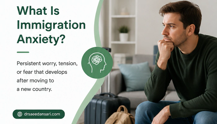 Realistic image illustrating immigration anxiety after moving abroad